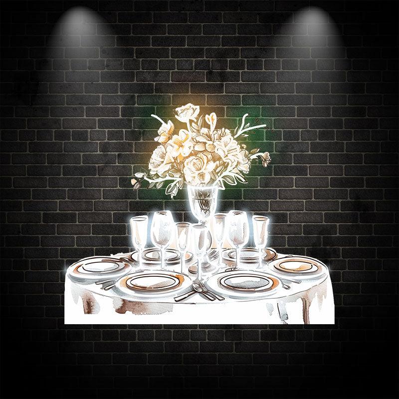 Romantic Wedding White Table Neon signs Lights | Wine, Flowers & Plate Decorative Lights | Perfectly Create Wedding Atmosphere | LED Art Lighting