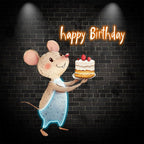 Little Mouse Lifting Big Cake Happy Birthday Neon | LED Decoration Lights | Cute Birthday Party Decoration | Creative Gifts