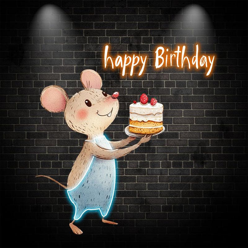 Little Mouse Lifting Big Cake Happy Birthday Neon | LED Decoration Lights | Cute Birthday Party Decoration | Creative Gifts